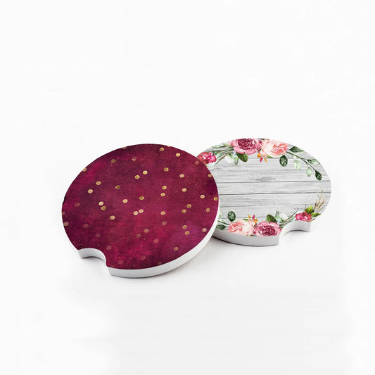 Floral Wood Car Coaster - Sandstone Car Coaster Set of 2 - Maroon Rose Pink Gold Glitter