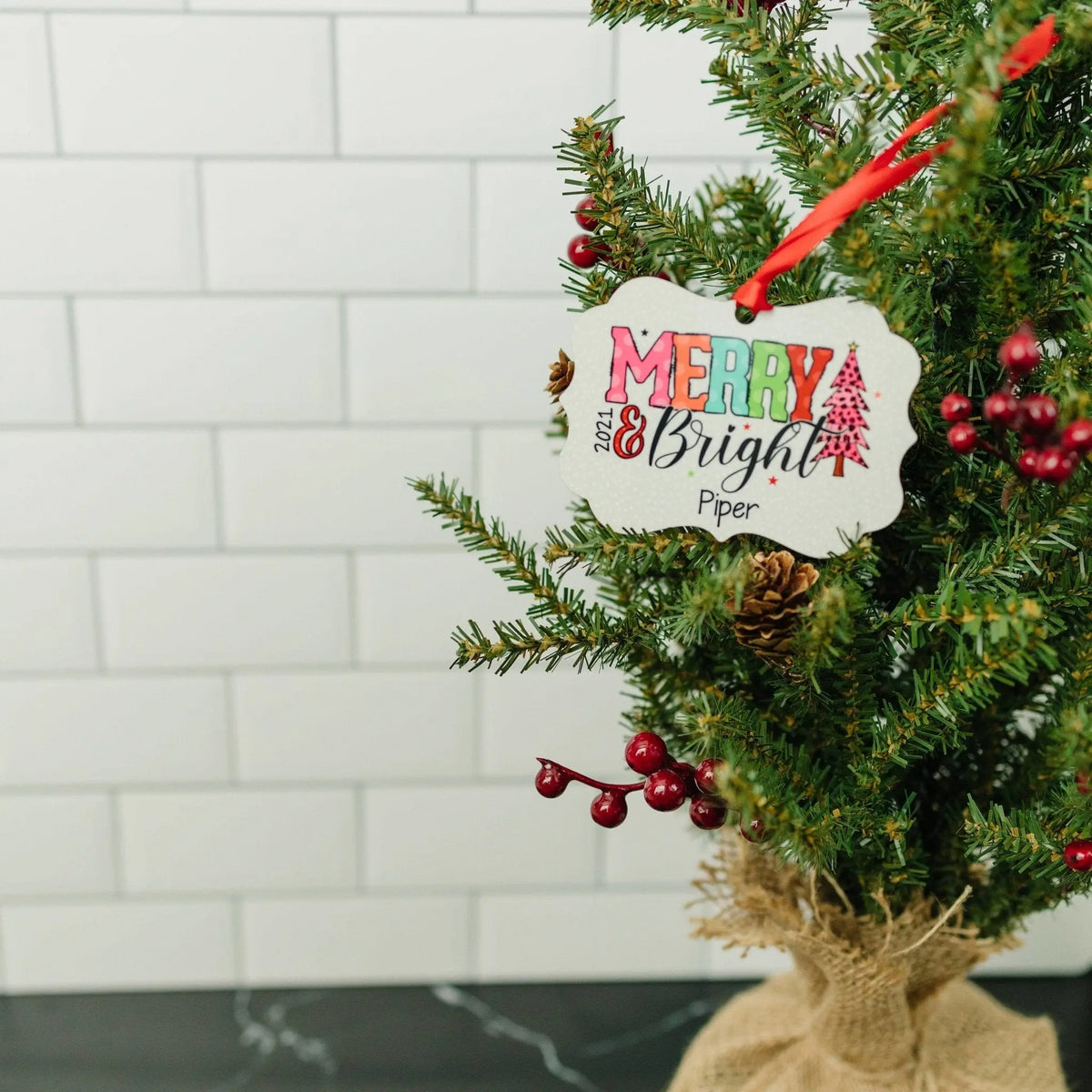 Girl Christmas Ornament - Merry & Bright Colorful Personalized Christmas Ornament - Pink Cheetah Polka Dots Christmas Ornament for Girls