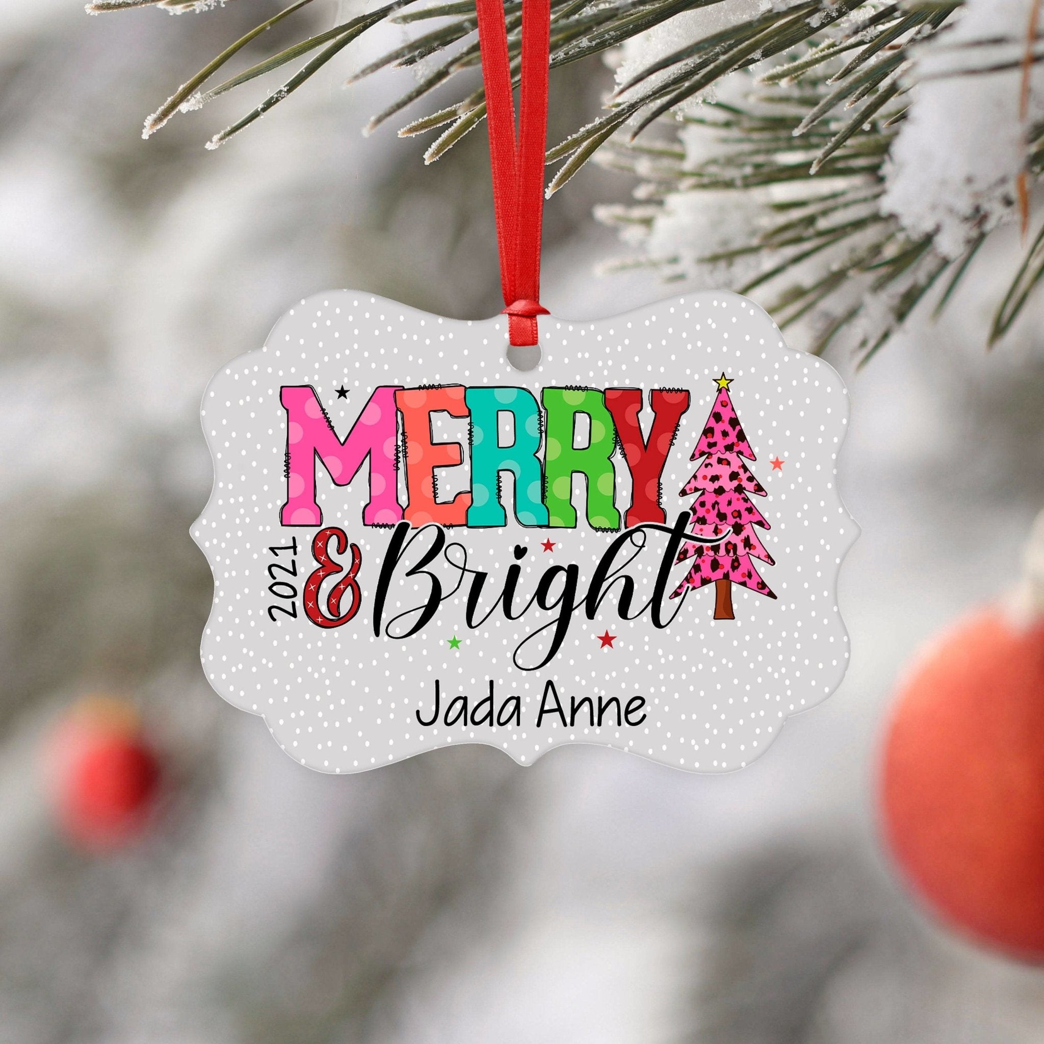 Girl Christmas Ornament - Merry & Bright Colorful Personalized