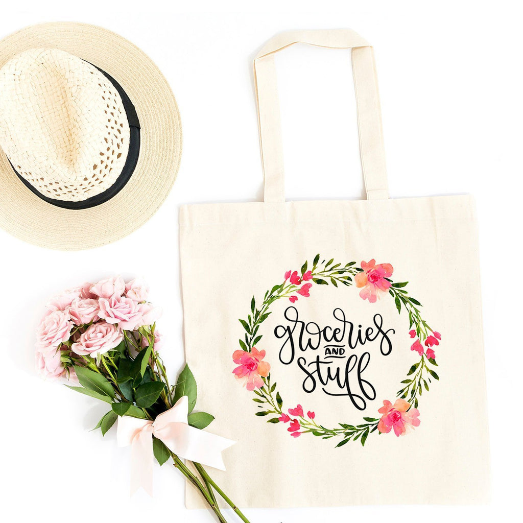 Grocery Bag - Floral Groceries & Stuff Canvas Tote Bag - Reusable Cotton Shopping Market Bag