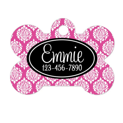 Pet Puppy Tag - Black Pink Damask Custom Dog Tag - Personalized ID Tag for Dog Collar - custom pet tag - Dog Collar Name Tag