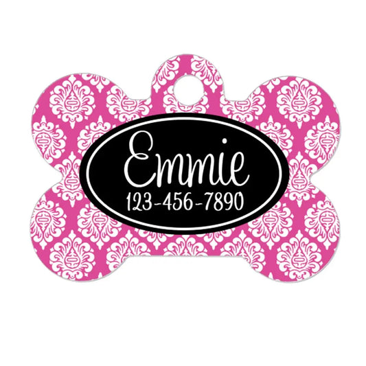 Pet Puppy Tag - Black Pink Damask Custom Dog Tag - Personalized ID Tag for Dog Collar - custom pet tag - Dog Collar Name Tag