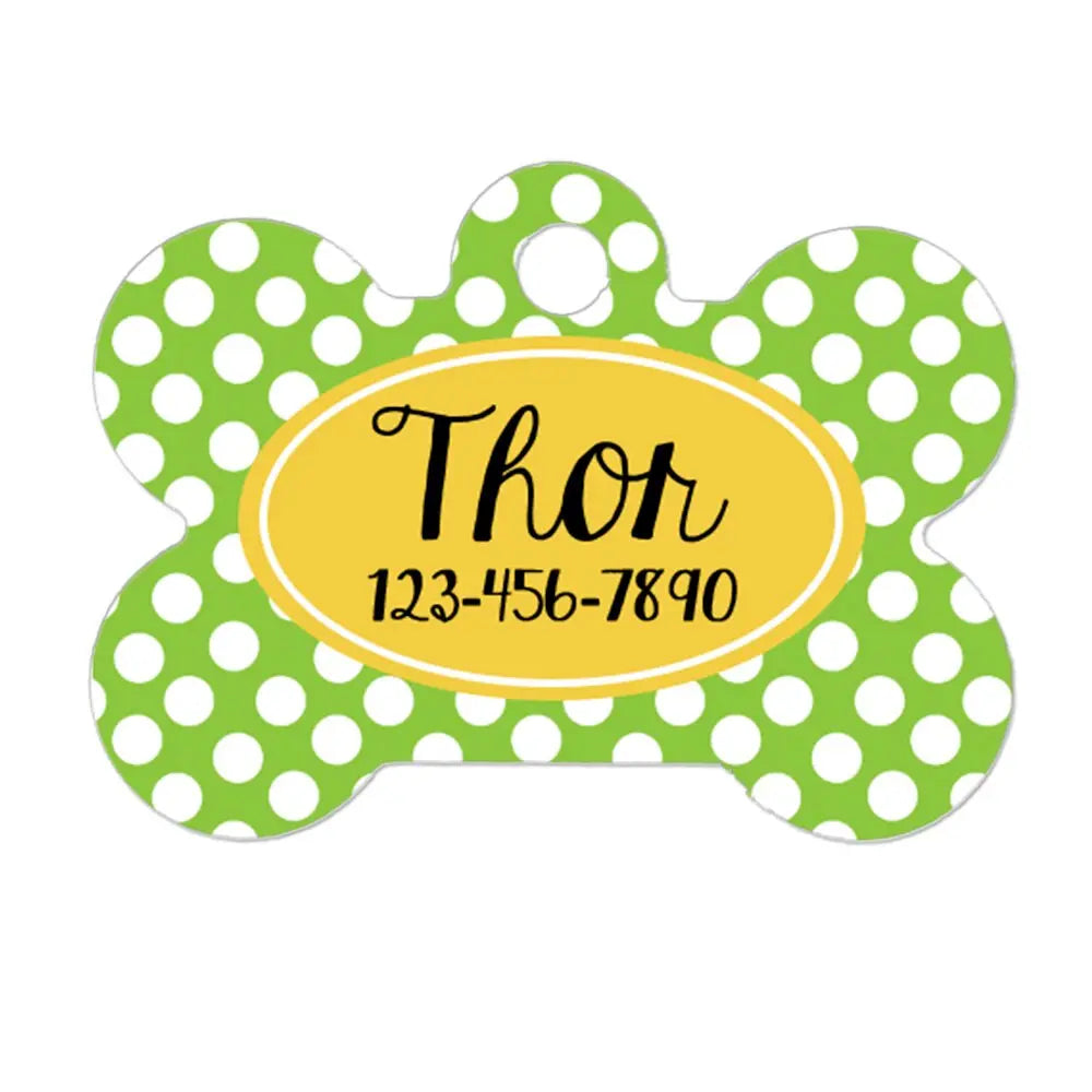 Lime Green & Yellow Pet ID Tag - Custom Pet ID Tag - Polka Dot Pet ID Tag for Dog - Bone Pet id Tag
