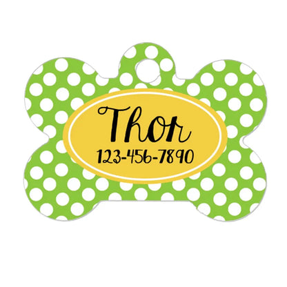 Lime Green & Yellow Pet ID Tag - Custom Pet ID Tag - Polka Dot Pet ID Tag for Dog - Bone Pet id Tag