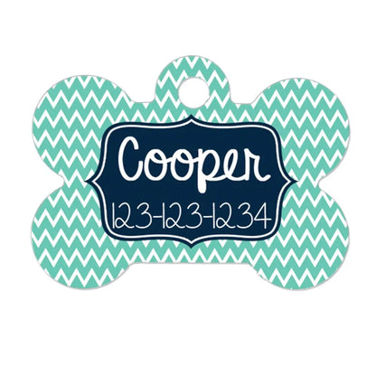 Personalized Dog Name Tag - Dog ID Tag - Mint Navy Custom Dog Collar Tag - Dog Tag Chevron Pattern
