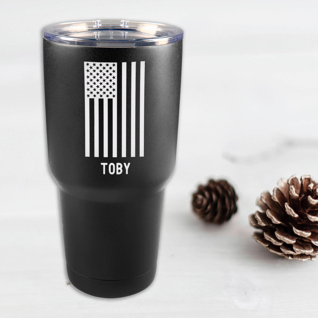 Personalized American Flag Powder Coated Tumbler - 30 oz. Vacuum Insulated Black Stainless Steel Polar Camel Tumbler
