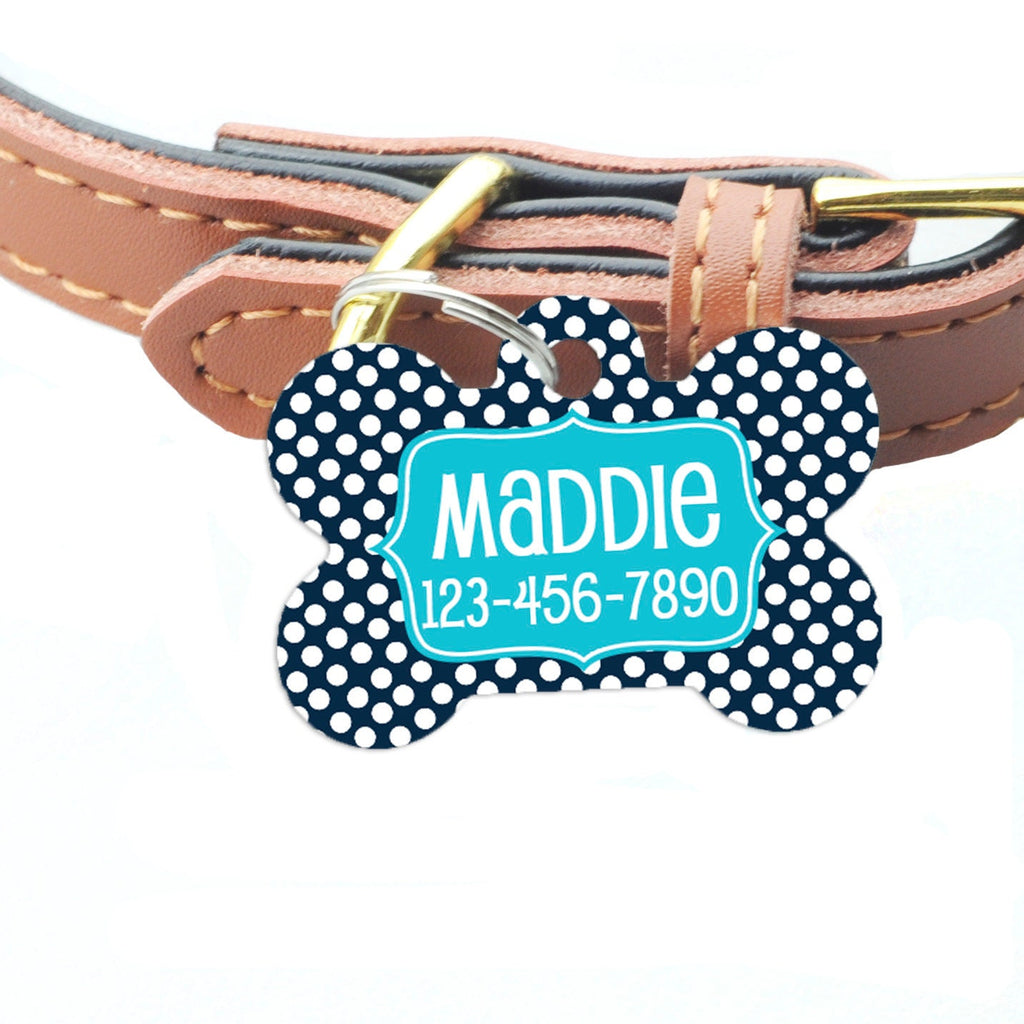 Personalized Pet Id Tag - Custom Dog Tag - Navy Turquoise Big Dots