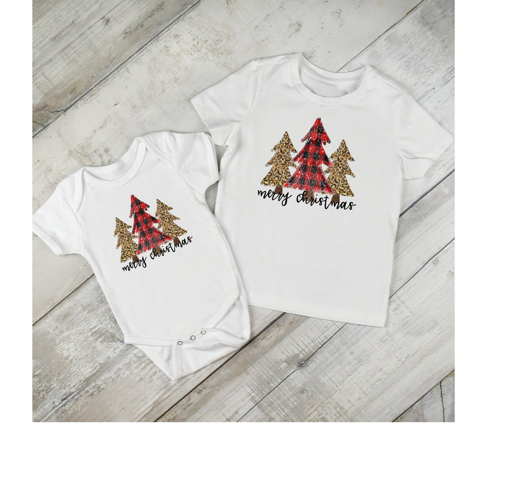 Christmas Baby Outfit - Kids Christmas T-shirts - Trees Leopard Cheetah Print Buffalo Check Plaid