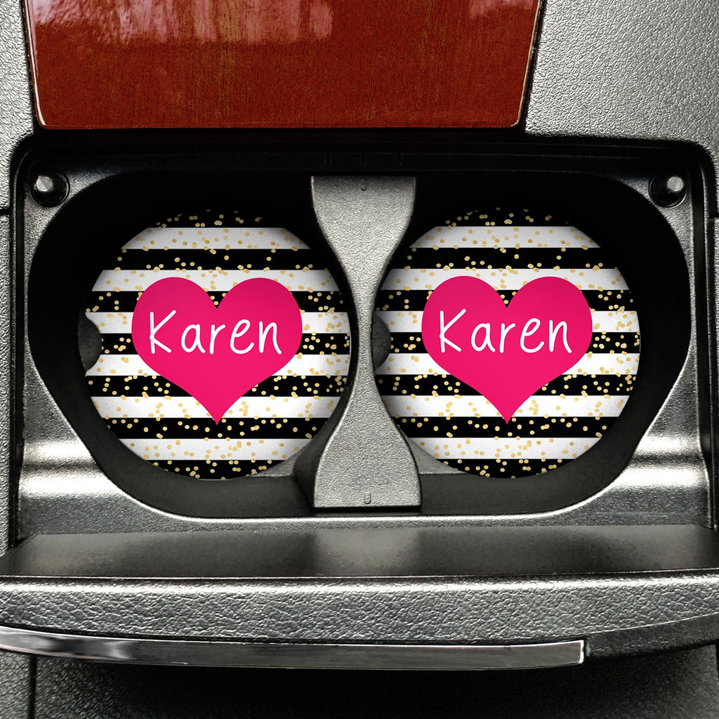 Personalized car coasters set of 2 - Gold Glitter Coasters - Pink Heart car accessories