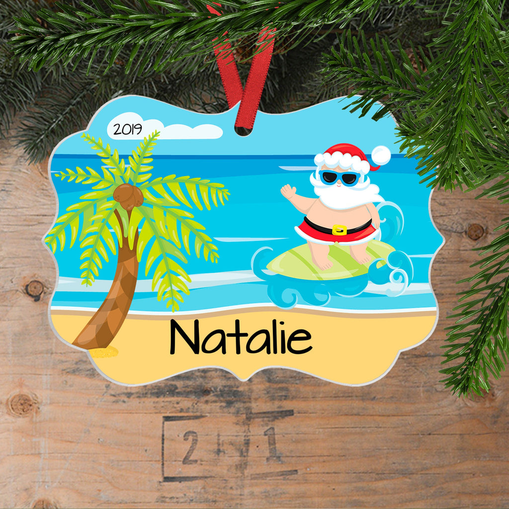 Personalized beach ornament, Surfing Santa Christmas Ornament, Tropical Custom Holiday Ornament