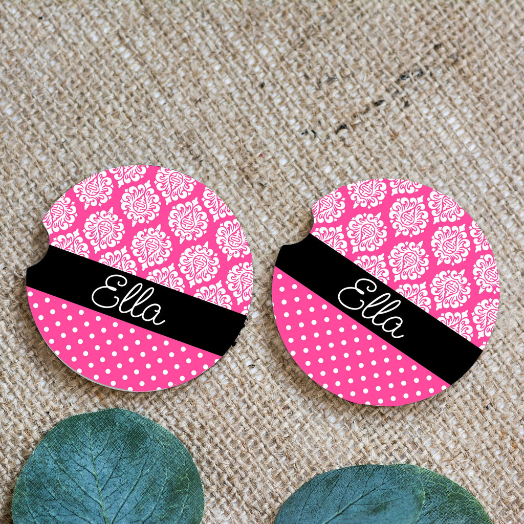 Personalized Car Coasters - Set of Car Drink Coasters - Pink Damask Polka Dot Personalized Gift for Women