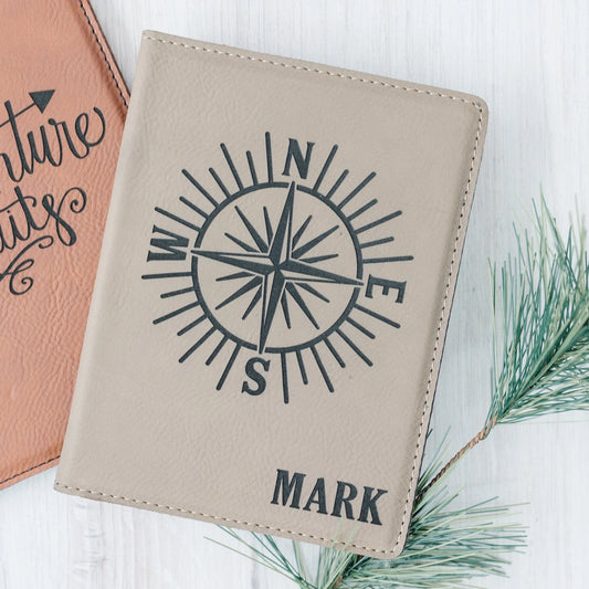 Passport Holder Personalized Engraved Passport Cover, Faux Leather Compass Passport Case, Gift for Traveler, Gift for men