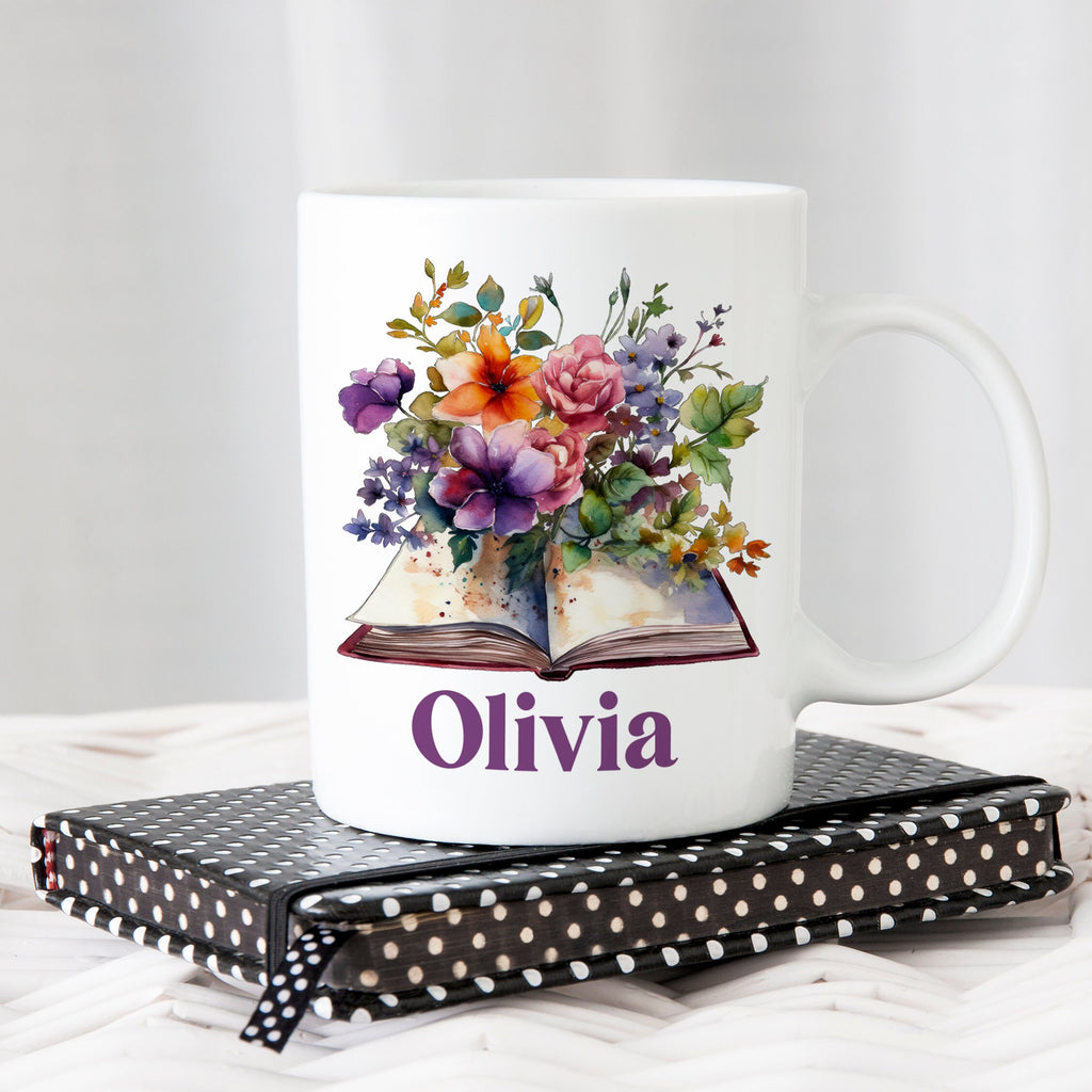 Personalized Name Coffee Mug for Women, floral books, book lover gift for teacher, library book reading mug, gift for book lovers, bookish