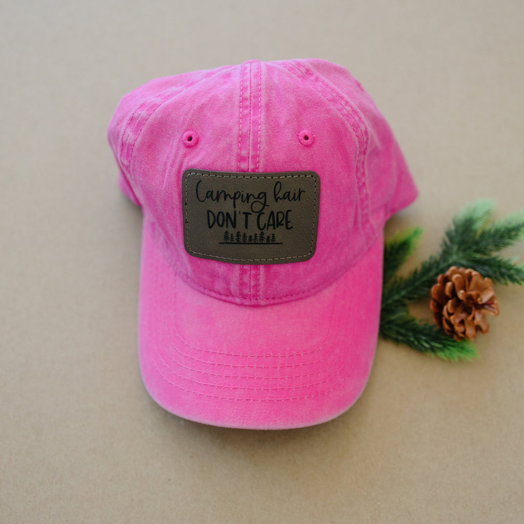 Camping Hat, Leather Patch Hat, Engraved Camping Hair Don't Care Hat for her, Pony Hat, Womens Hat, pink baseball cap for her