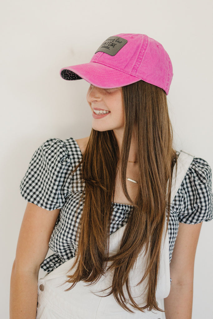 Camping Hat, Leather Patch Hat, Engraved Camping Hair Don't Care Hat for her, Pony Hat, Womens Hat, pink baseball cap for her