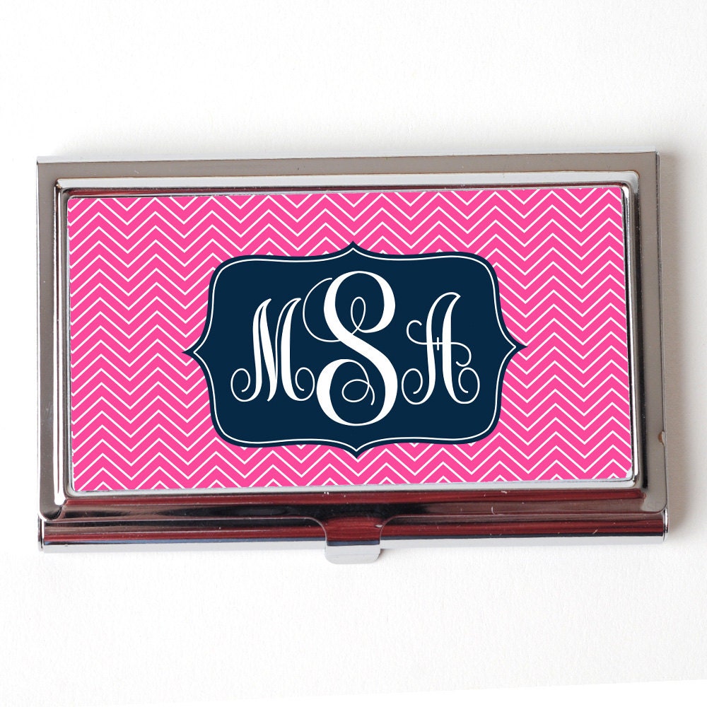Monogram Business Card Holder - Personalized Business Card Holder - Pink & Navy Blue Chevron Monogram Business Card Holder