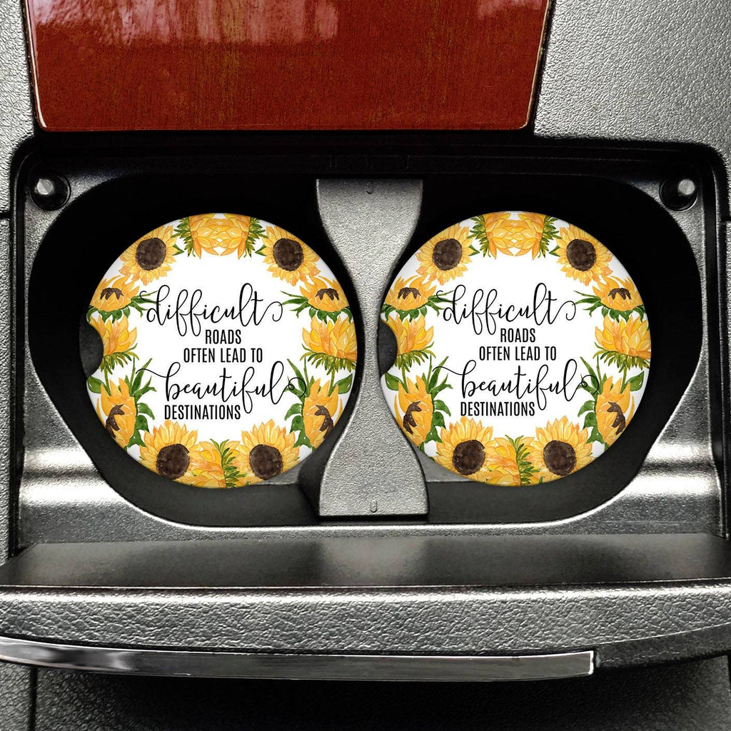 Inspirational Sunflower Car Coasters - Sandstone Car Coaster Set of 2, Travel Gift, New Car Gift, Inspirational Gift for friend
