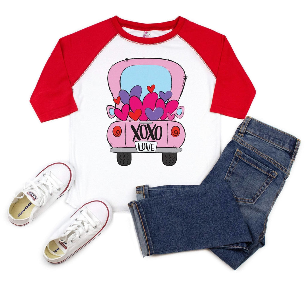Kids Valentines Day Shirt - Pink Truck full of hearts - Red raglan sleeve toddler tee