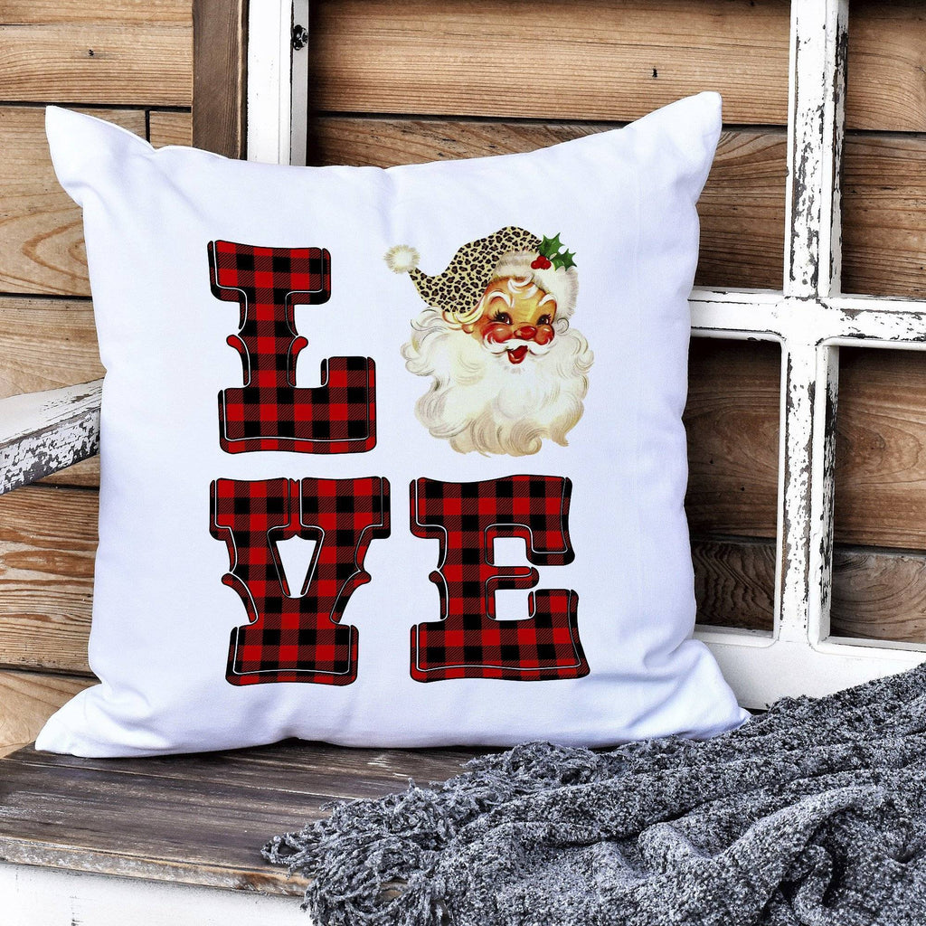 Love Santa Pillow, holiday decor pillow, Buffalo Plaid Christmas Decor