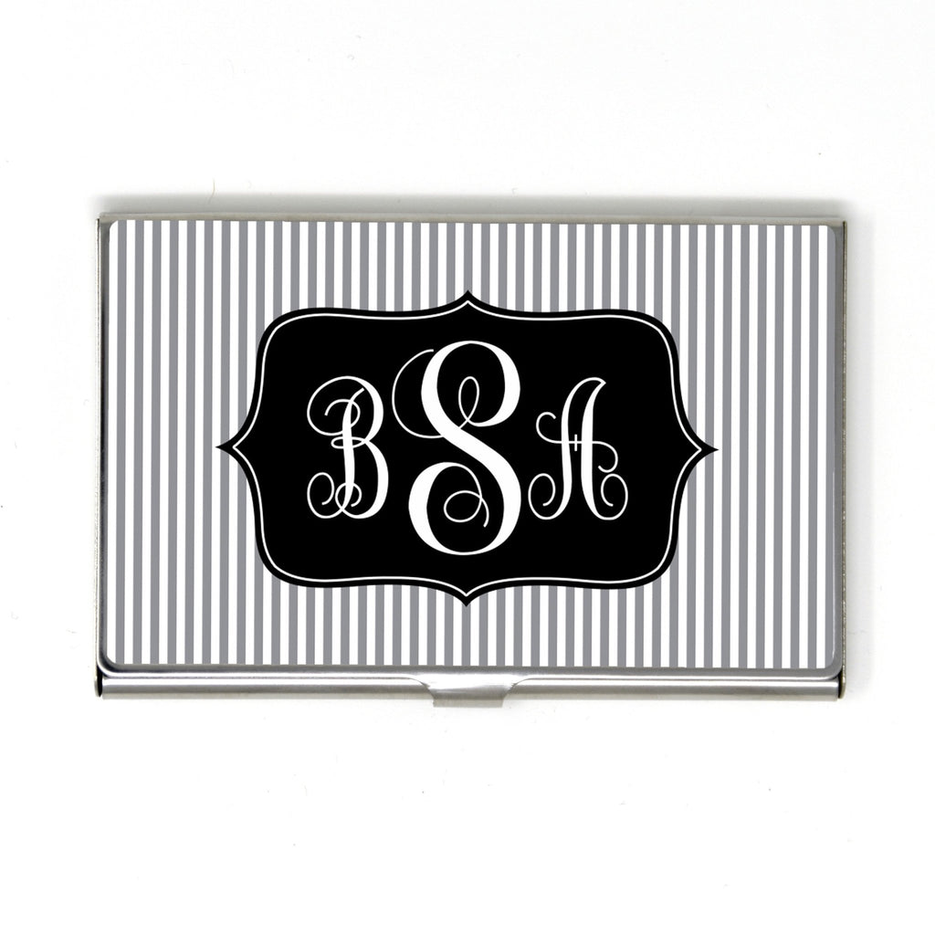Monogram Business Card Case - Stripe Monogram Business Card Holder - Black Gray Silver Business Card Case