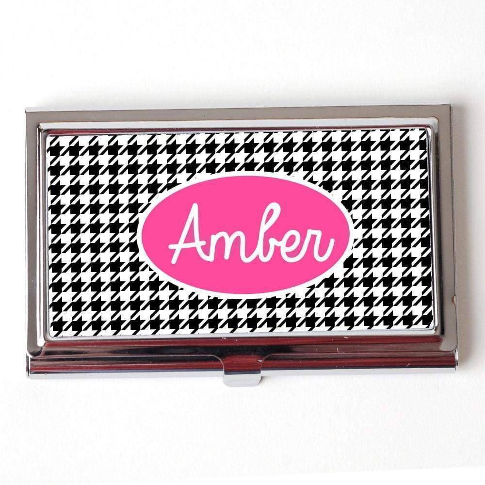 Personalized Business Card Case - Houndstooth Hot Pink & Black