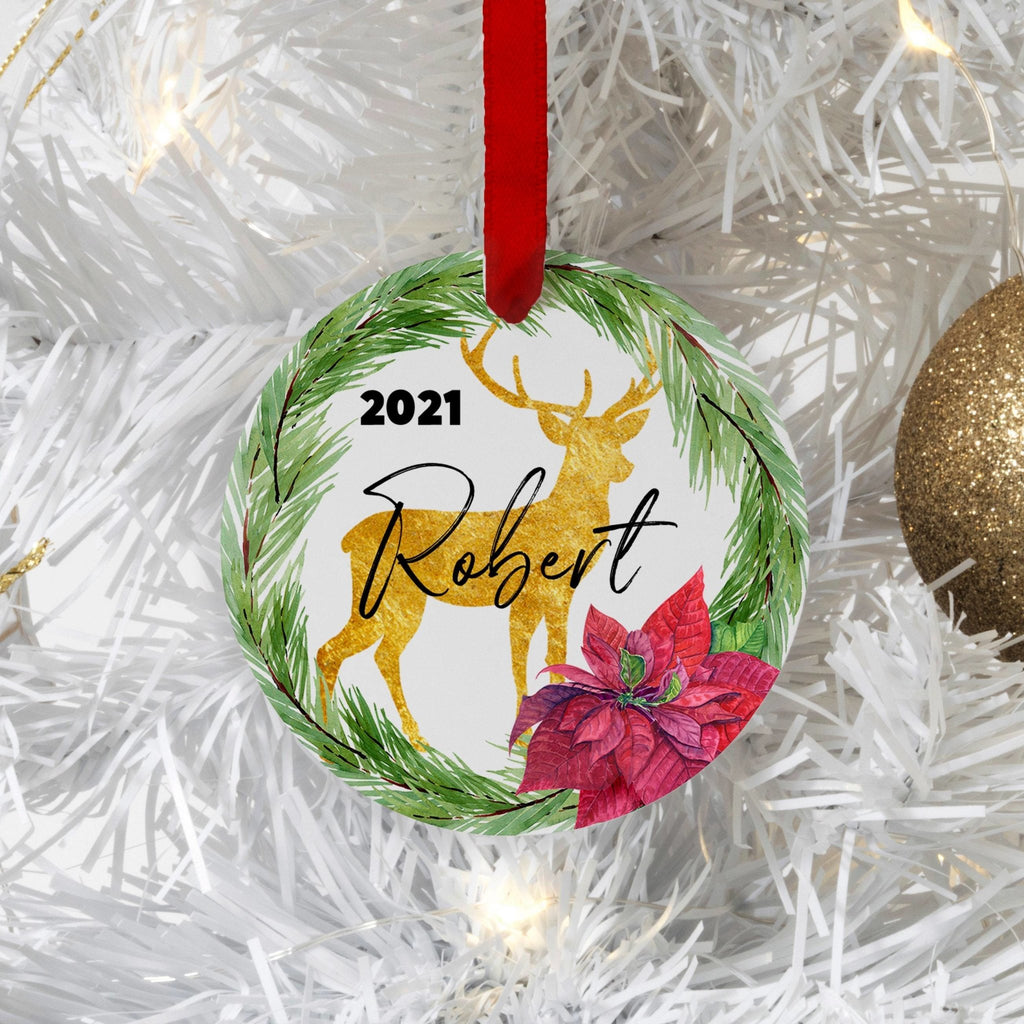 Personalized Christmas Ornament, Gold Reindeer Christmas Tree Ornament, Poinsettia & Fir wreath Personalized Tree Ornament