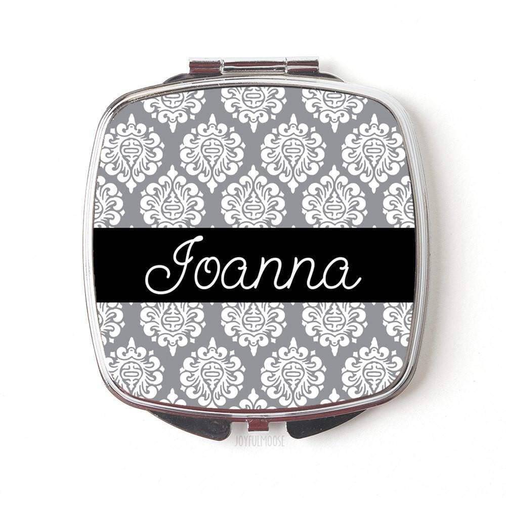 Personalized Compact Mirror - Personalized Bridesmaids Gifts - Gray Damask Compact Mirrors