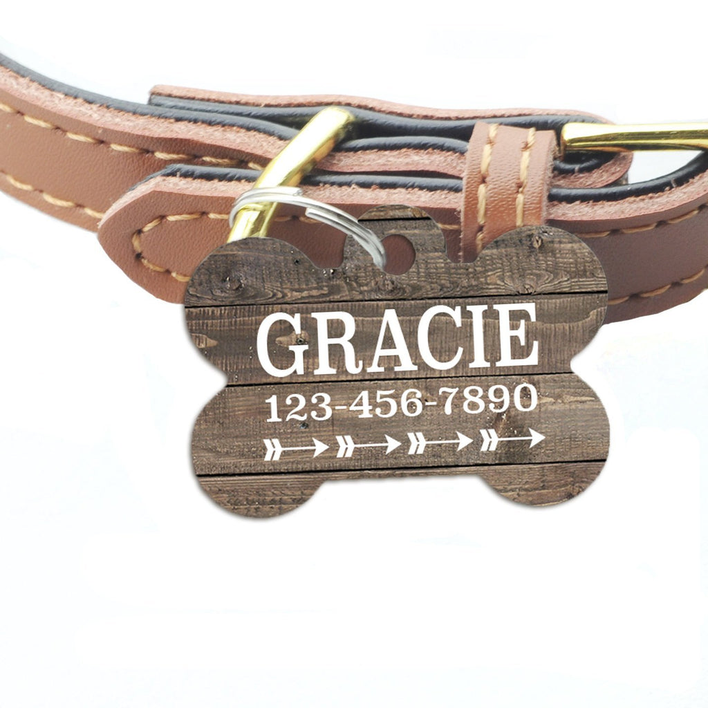 Personalized Dog Name Tag - Weathered Wood Pattern Metal Dog Collar Tag