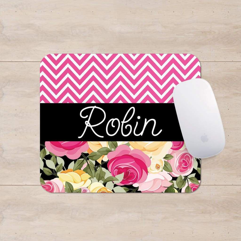 Personalized Floral Mouse Pad - Office Gift for her - Pink Chevron Co Worker Desk Gift