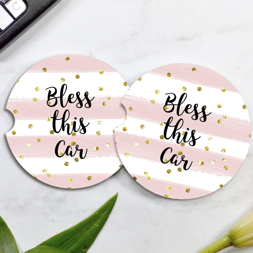 Pink & Gold Car Coasters - Watercolor Pink Stripe and Gold Glitter Bless this Car