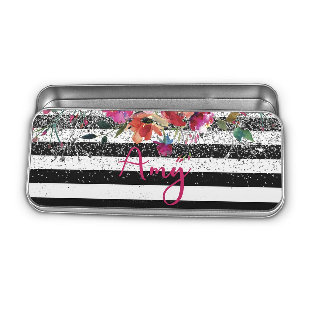 Watercolor Floral Pencil Tin - Personalized Silver Glitter Storage Tin